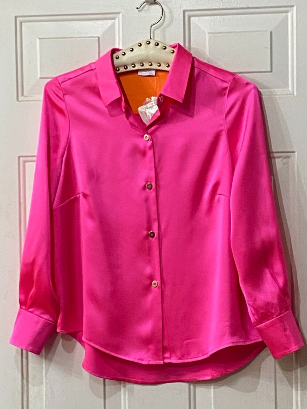 NWT Gretchen Scott Sz XS Blouse Button Up Neon Pink Long Sleeve Poly Silk
